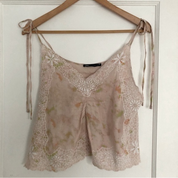 Zara tie dye embroidered lace trim camisole tank top, cream pink size Medium - Picture 9 of 14